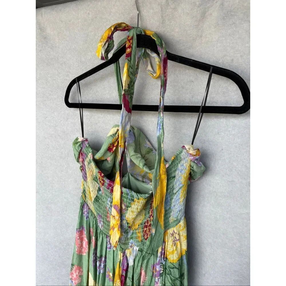 H&M Green Floral Halter Neck Midi Maxi Cut Out Summer Dress SIZE L Vacation Boho - Picture 8 of 11